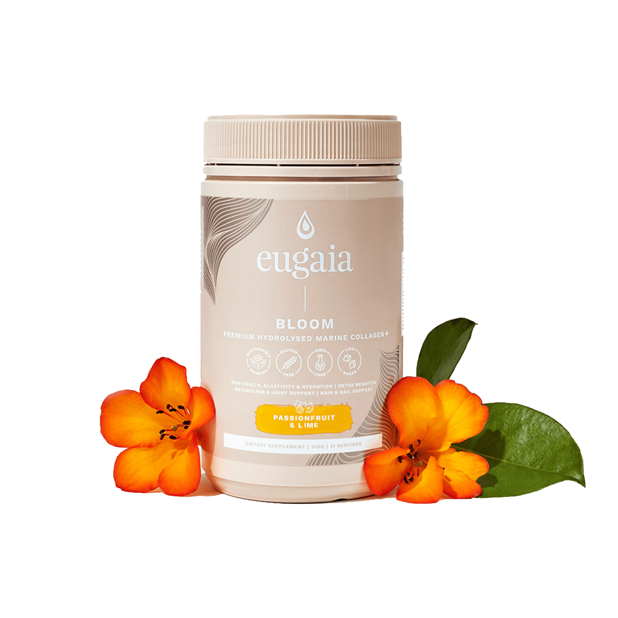 Eugaia Bloom Premium Hydrolysed Marine Collagen + | Passionfruit & Lime | 310g | 31 Serves - Eugaia