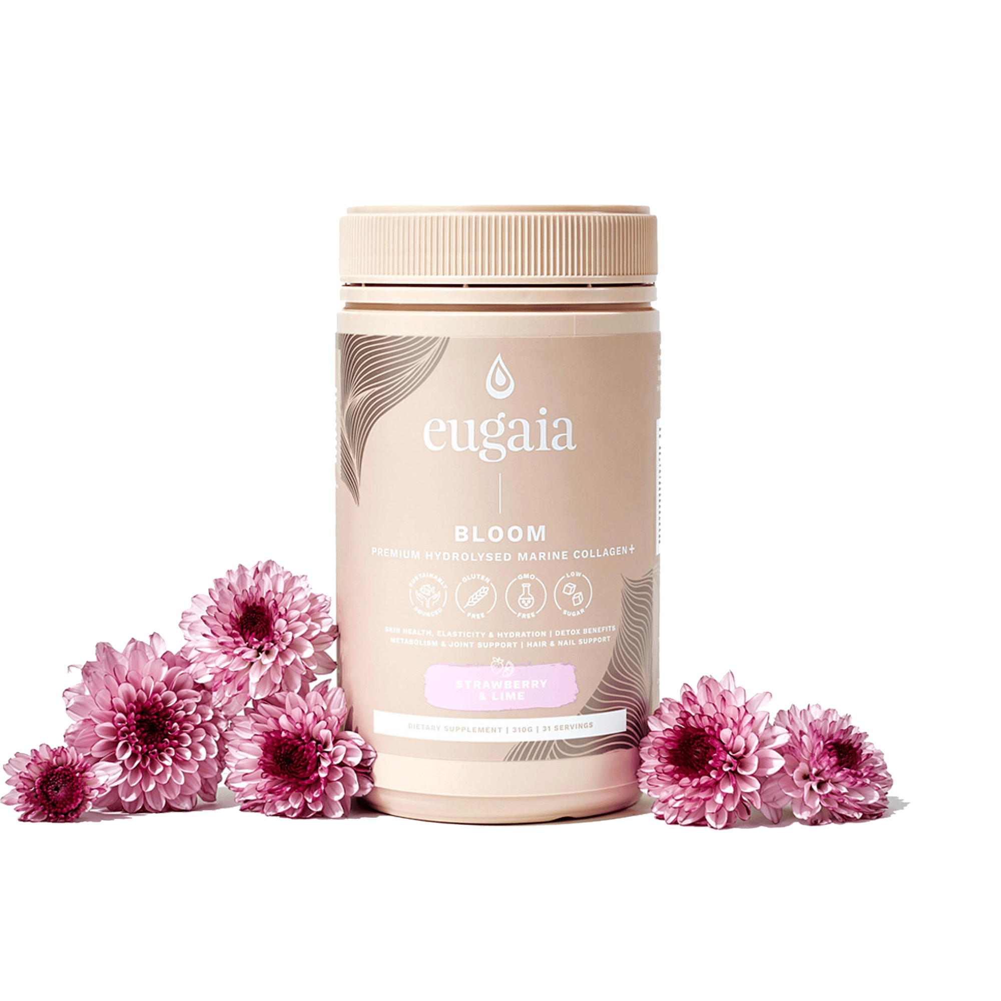 Eugaia Bloom Premium Hydrolysed Marine Collagen + | Strawberry & Lime | 310g | 31 Serves - Eugaia