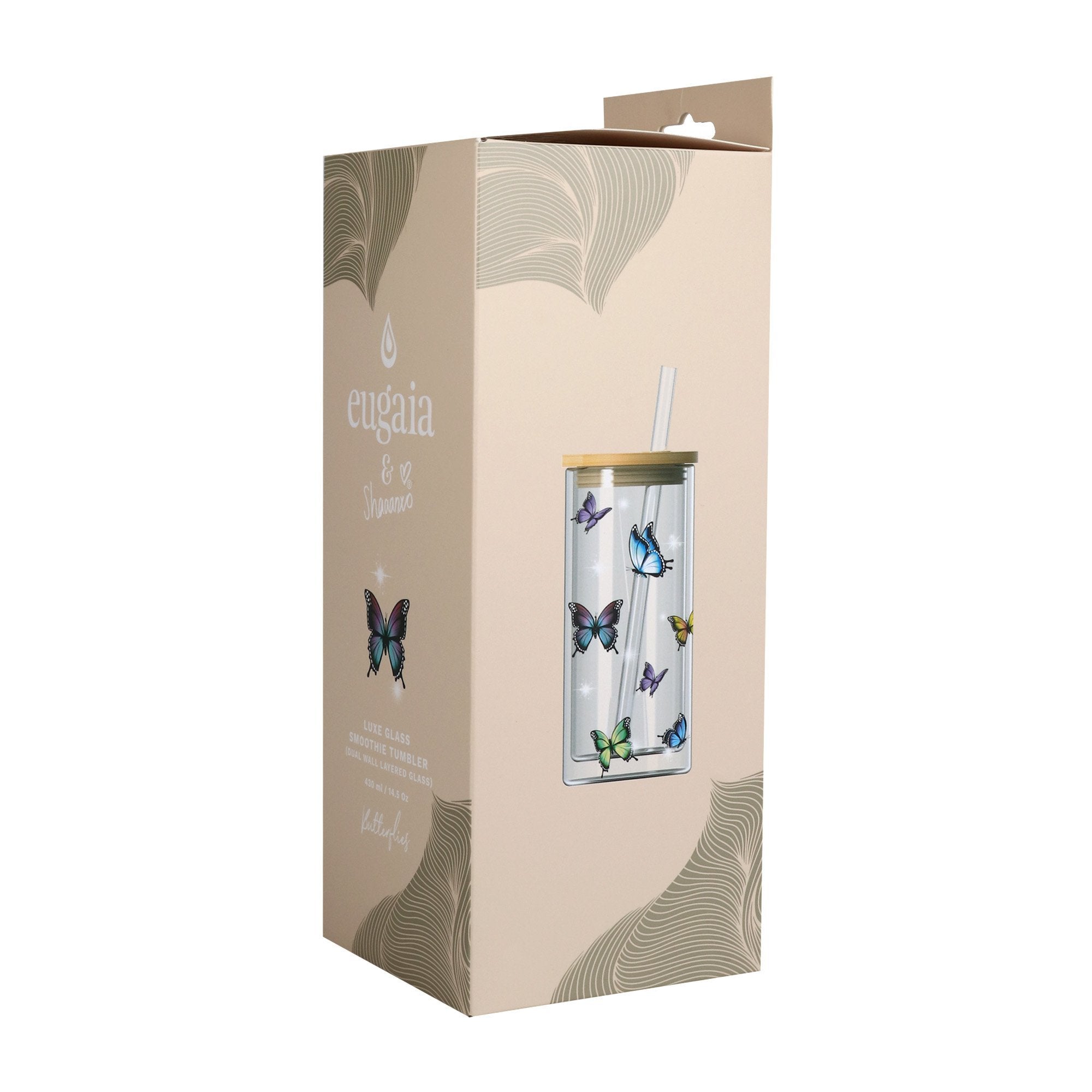Luxe Glass Smoothie Tumbler | 430ml | Butterflies - Eugaia